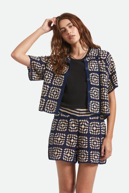 Crochet S/S Button Down - Mood Indigo/Off White